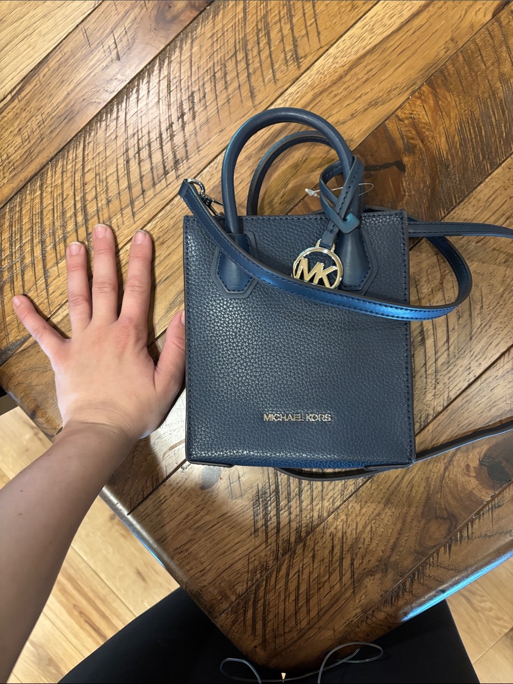 Michael Kors Navy Leather Mini Tote with Gold MK Charm